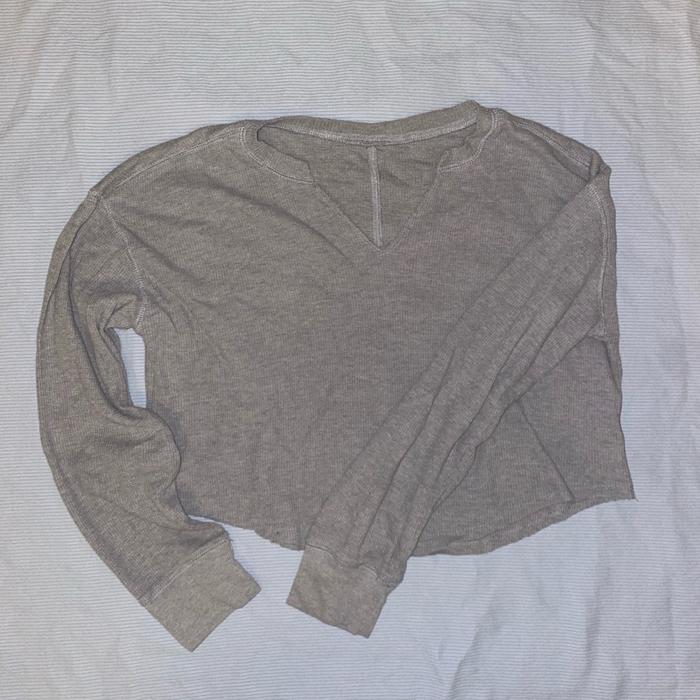 Grey Cropped Waffle Long Sleeve Shirt